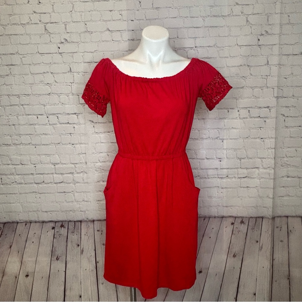Talbots Red Mini Dress with Lace Sleeves Size XS